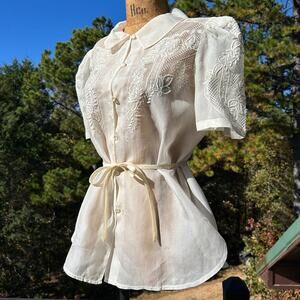 Vintage 70s Ivory Sheer Organza Puff Sleeve Cut Out Coquette Sash Waist Blouse